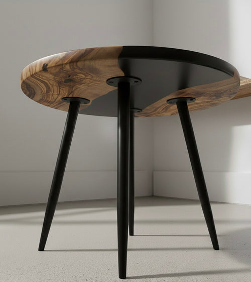 MARCO –  Tavolino Rotondo in Ulivo, Resina Nera e Base in Acciaio Design