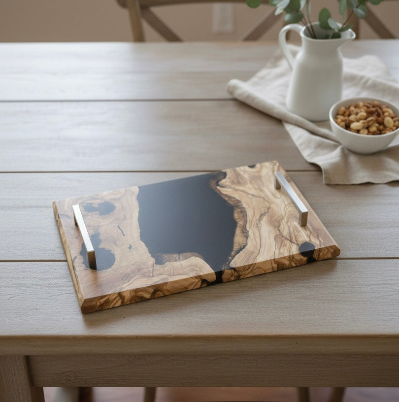 Vassoio Da Portata Con Design Moderno in Legno e Resina Nera