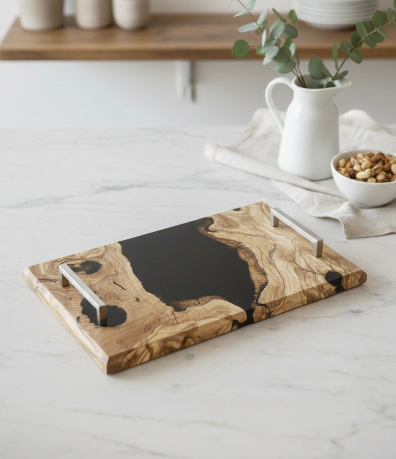 Vassoio Da Portata Con Design Moderno in Legno e Resina Nera
