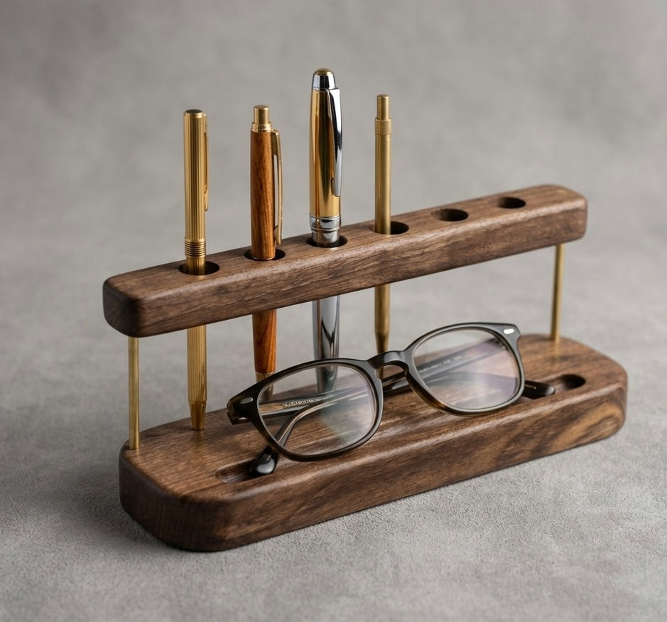 Portapenne e Organizer da Scrivania in Noce e Ottone – L'Eleganza dell'Ordine